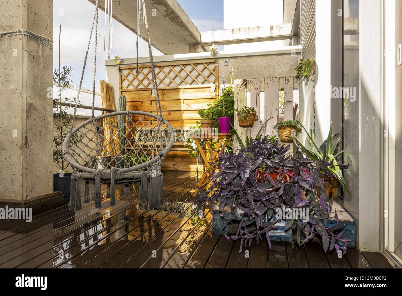 Terrace of a penthouse townhouse with acacia floors wet from the rain ...
