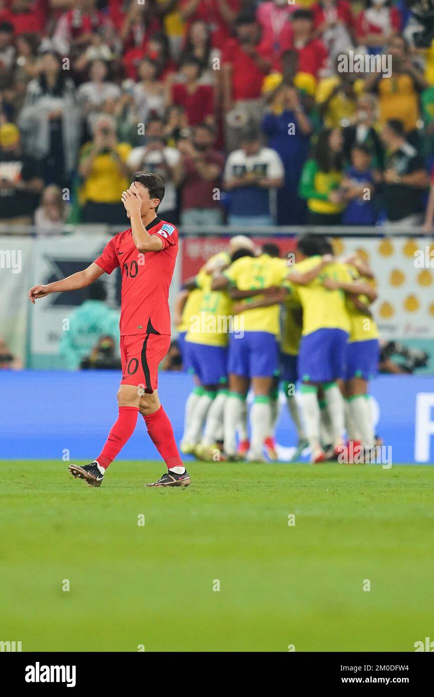 DOHA, QATAR - DECEMBER 5: Player of South Korea Lee Jae-sung reacts after Brazil scoring a goal during the FIFA World Cup Qatar 2022 Round of 16 match between Brazil and South Korea at Stadium 974 on December 5, 2022 in Doha, Qatar. (Photo by Florencia Tan Jun/PxImages) Stock Photo