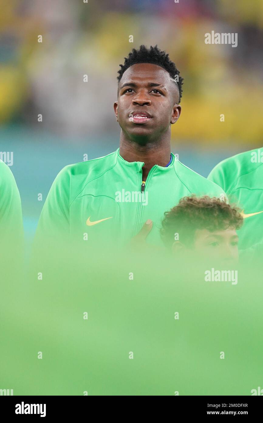DOHA, QATAR - DECEMBER 5: Player of Brazil Vinícius Júnior sings the national anthem during the FIFA World Cup Qatar 2022 Round of 16 match between Brazil and South Korea at Stadium 974 on December 5, 2022 in Doha, Qatar. (Photo by Florencia Tan Jun/PxImages) Stock Photo