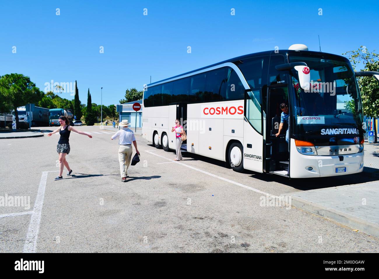 tour group on bus, stop for rest break. Stock Photo