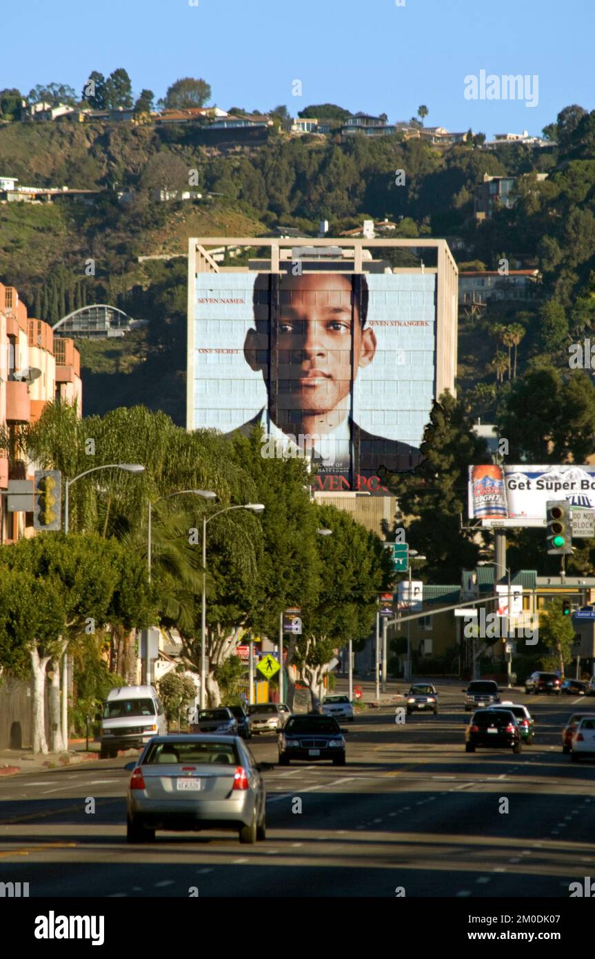 Large building sized advertisement for Will Smith movie in Hollywood, CA Stock Photo