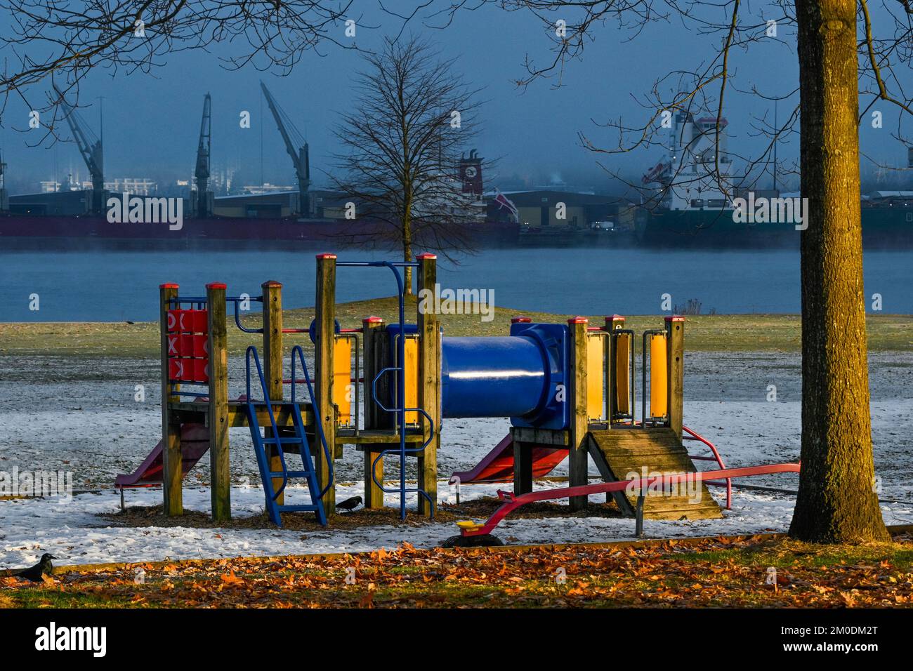 Empty playground in winter, New Brighton Park,  Vancouver, British Columbia, Canada Stock Photo