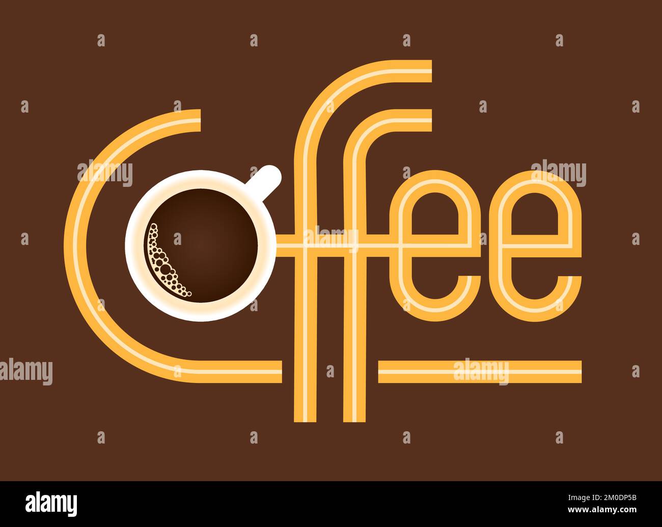 Coffee vector illustration logo or badge. The word coffee in art deco custom lettering with coffee cup drawing. Great for packaging, branding or label. Stock Vector