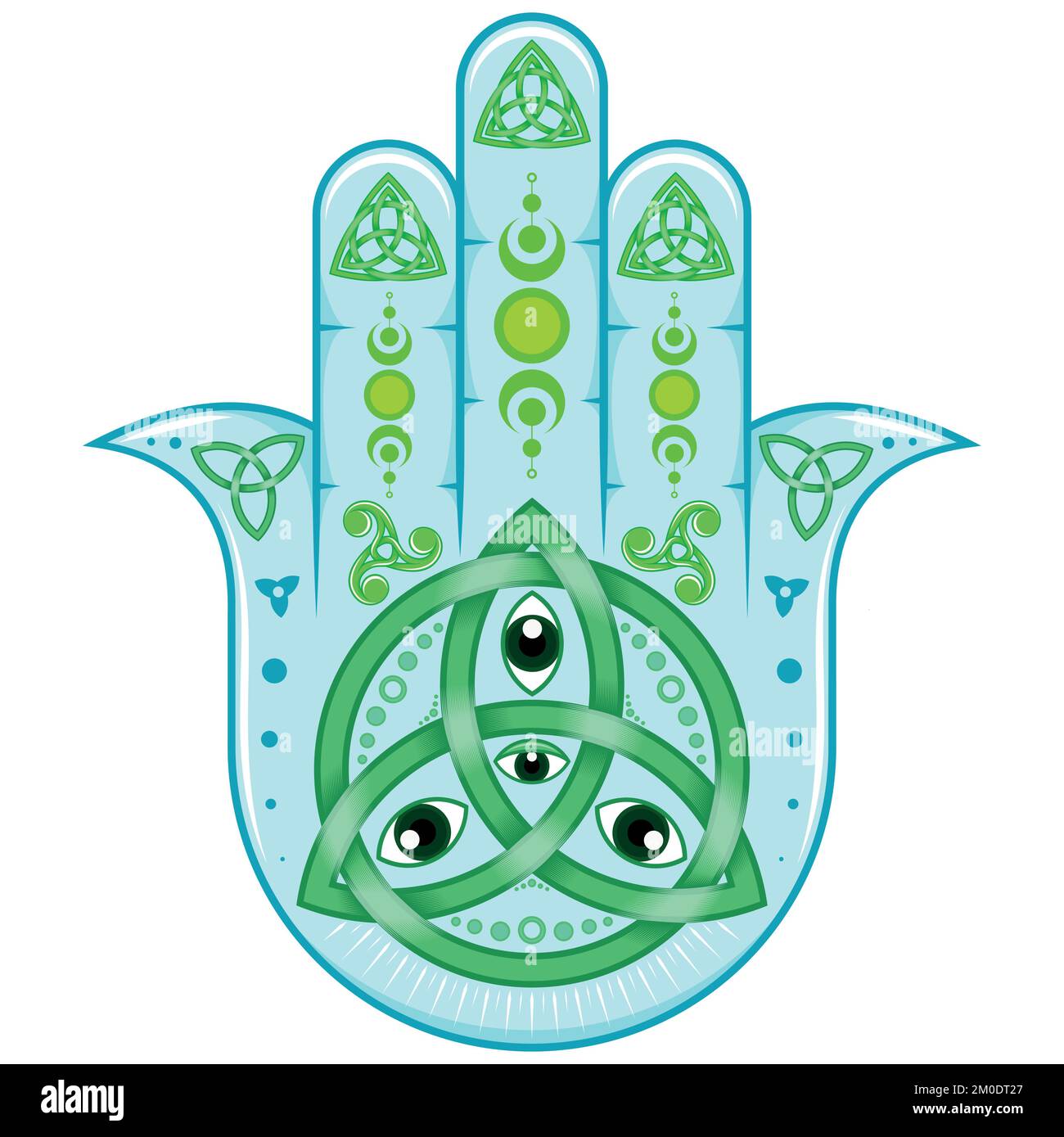 Hamsa symbol vector design with celtic style triquette and triskelion, hand of fatima symbol, illustration of Jamsa with god's eye Stock Vector