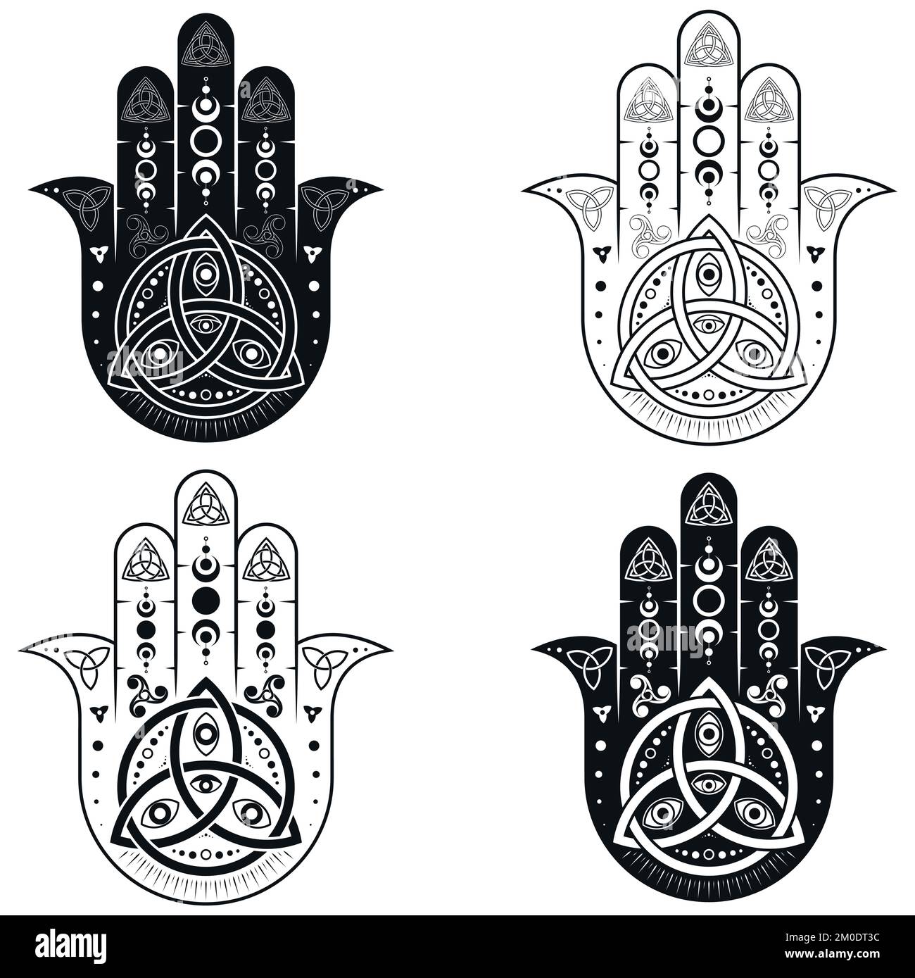 Hamsa symbol vector design with celtic style triquette and triskelion, hand of fatima symbol, illustration of Jamsa with god's eye Stock Vector