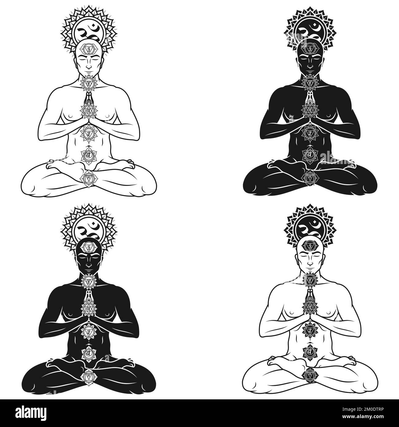 Vector design of man meditating in lotus flower position with chakra symbol Stock Vector
