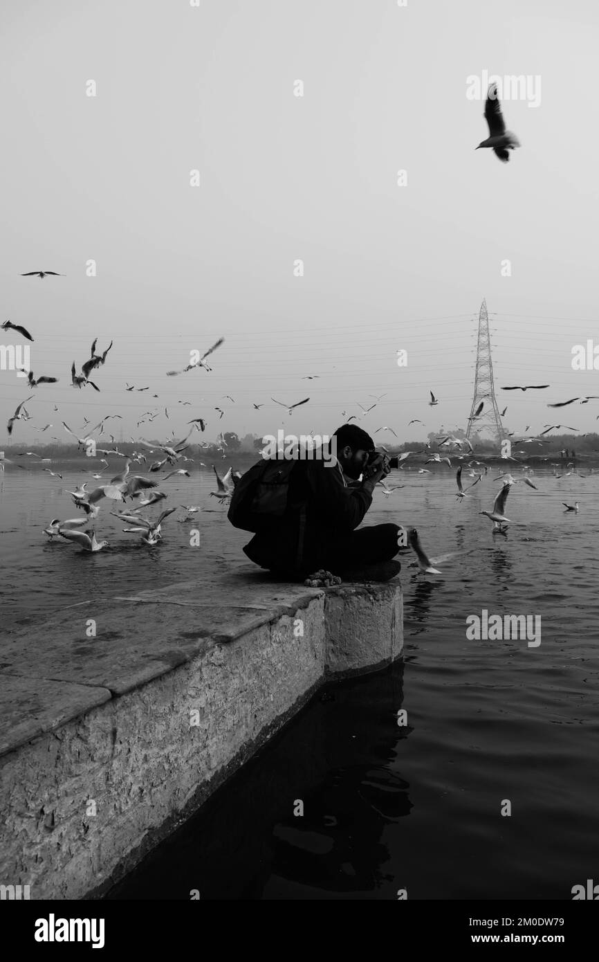 A vertical grayscale of a photographer taking photos of birds flying over the Yamuna river in India Stock Photo