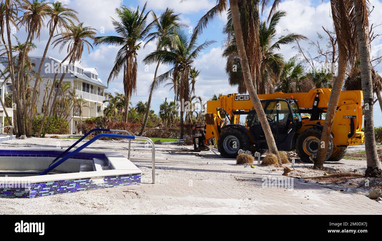 Fort Myers Beach, FL, USA--11/05/22--Houses along the shoreline are destroyed by Hurricane Ian. Debris piled up on street     Christine Gonsalves/FEMA Stock Photo