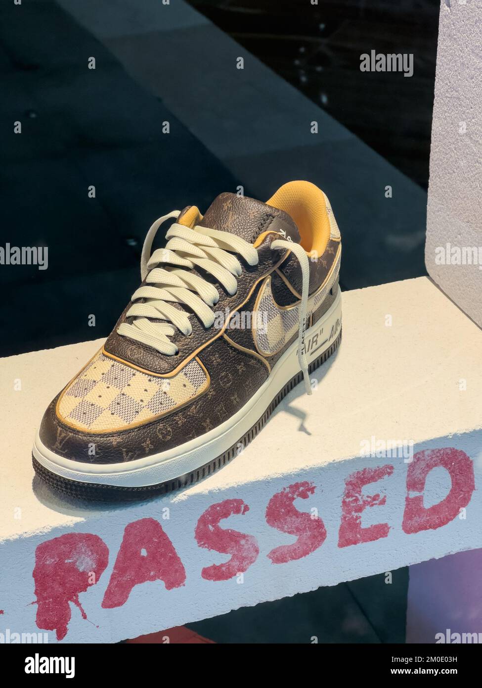Virgil Abloh, Nike and Louis Vuitton collabation for an Air Force 1 expensive sneakers on display Stock Photo