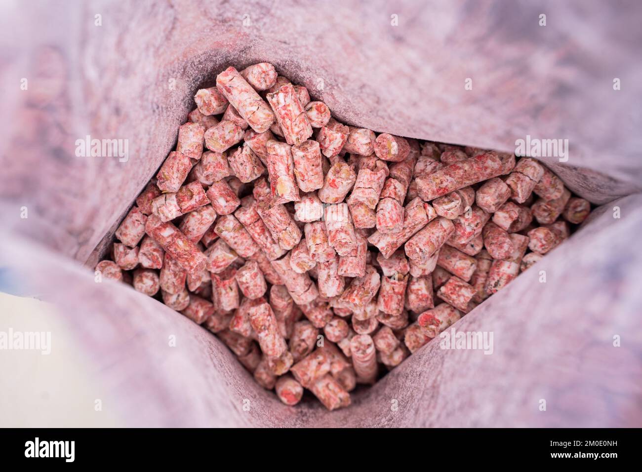 Mouse Poison Color Granular poison from mice in a package close-up. Red-pink chemical from ...