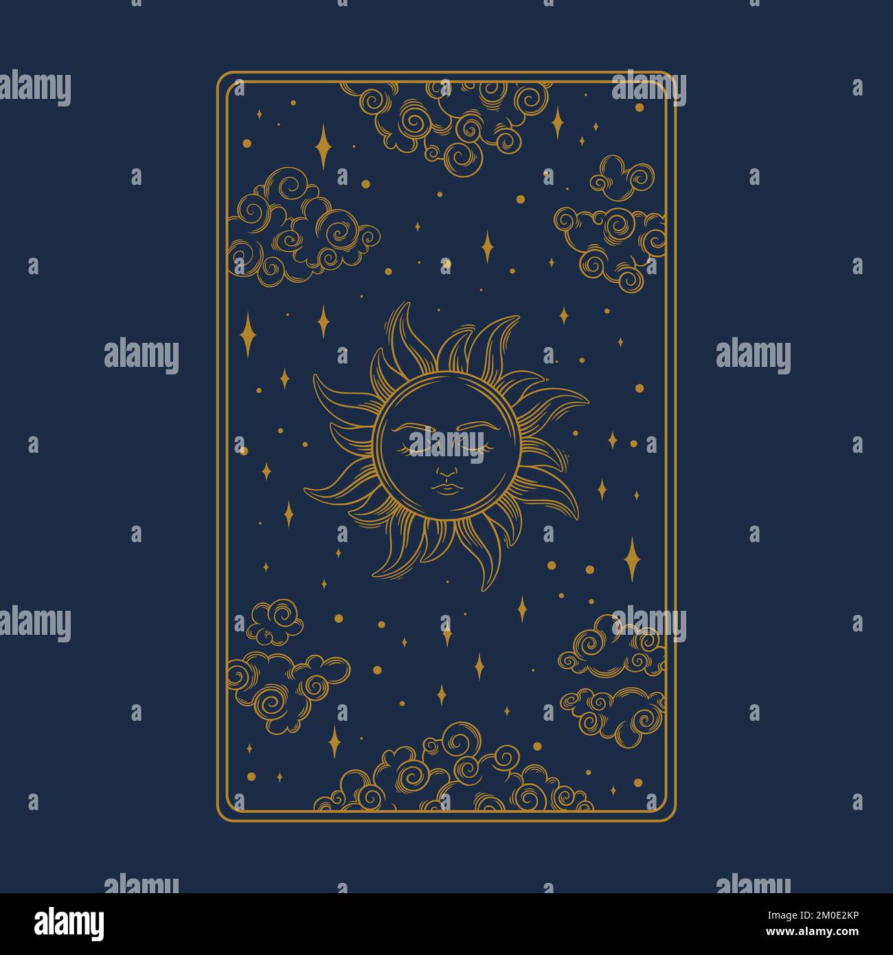 Tarot aesthetic card with sun. Occult tarot design for oracle card covers. Vector illustration isolated in blue background Stock Vector