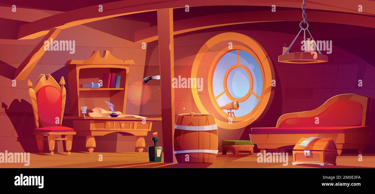 Pirate ship cabin interior with table, chair, sofa, telescope, treasure chest, barrel and bottle. Empty captain room on boat with wooden beams and porthole, vector cartoon illustration Stock Vector