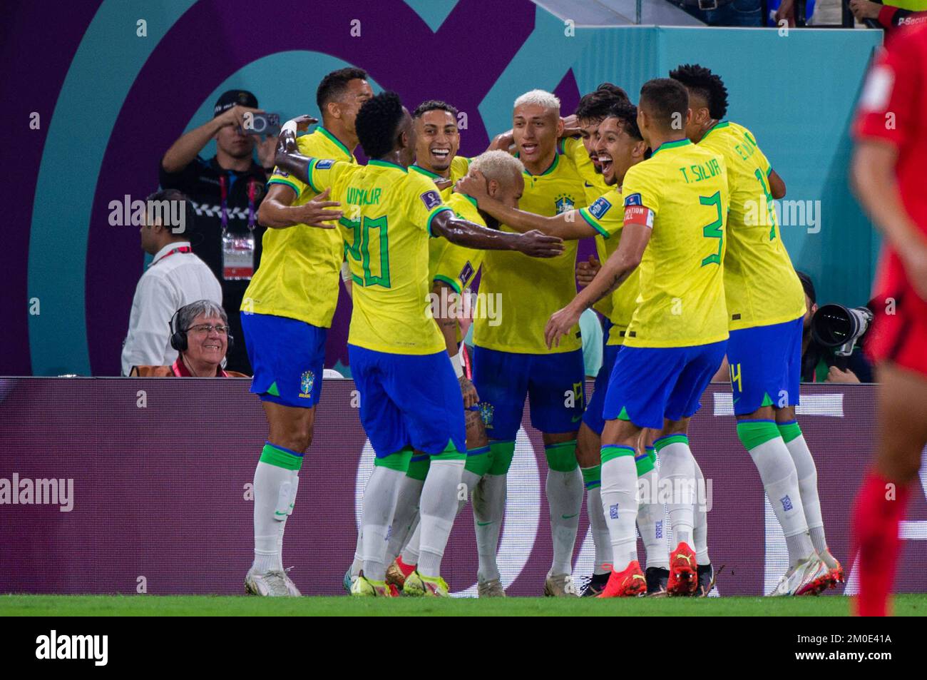 Doha, Qatar. 05th Dec, 2022. Neymar of Brazil celebrates scoring with teammates during the FIFA World Cup Qatar 2022 Round of 16 match between Brazil and Korea Republic at 974 Stadium in Doha, Qatar on December 5, 2022 (Photo by Andrew Surma/ Credit: Sipa USA/Alamy Live News Stock Photo