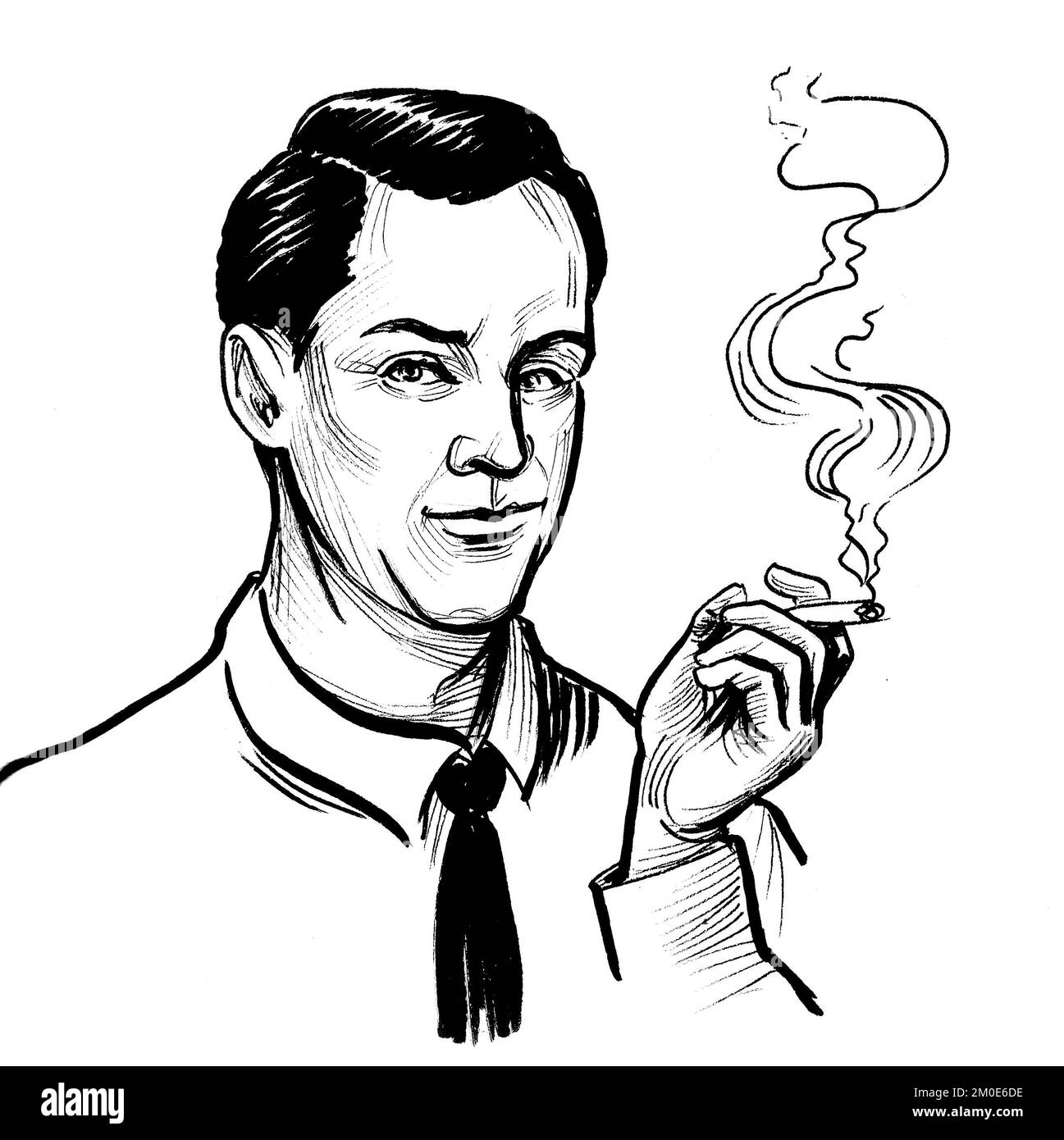 Man smoking marijuana joint. Ink black and white drawing Stock Photo
