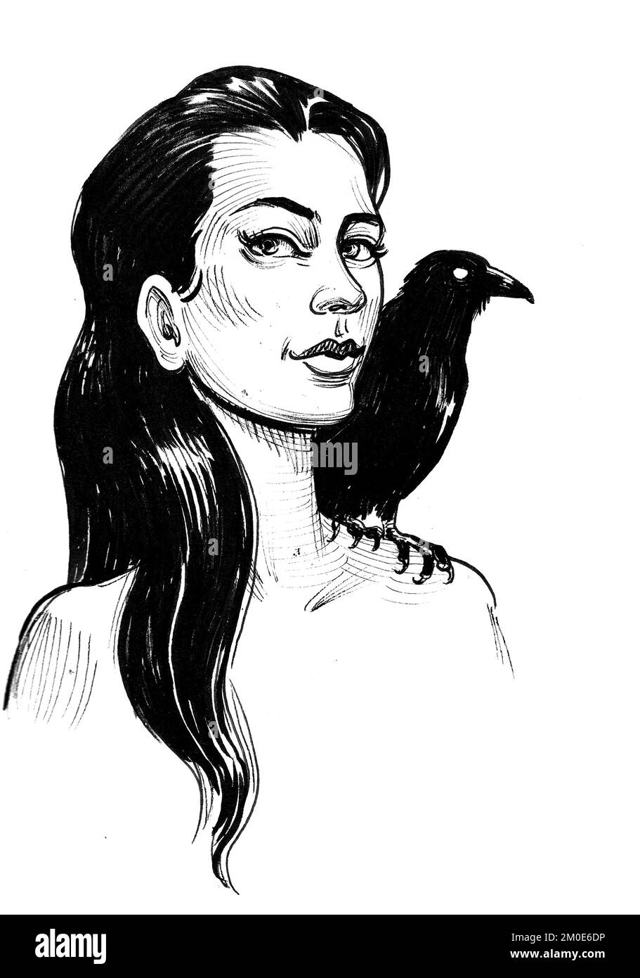 Beautiful girl with a raven on her shoulder. Ink black and white