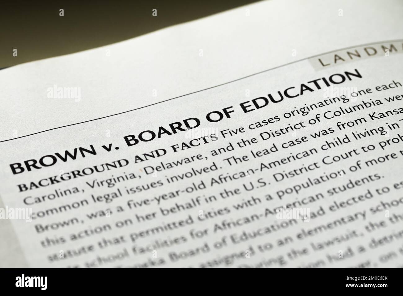 A closeup of a legal textbook with a description of the court case of Brown  v. Board of Education Stock Photo - Alamy