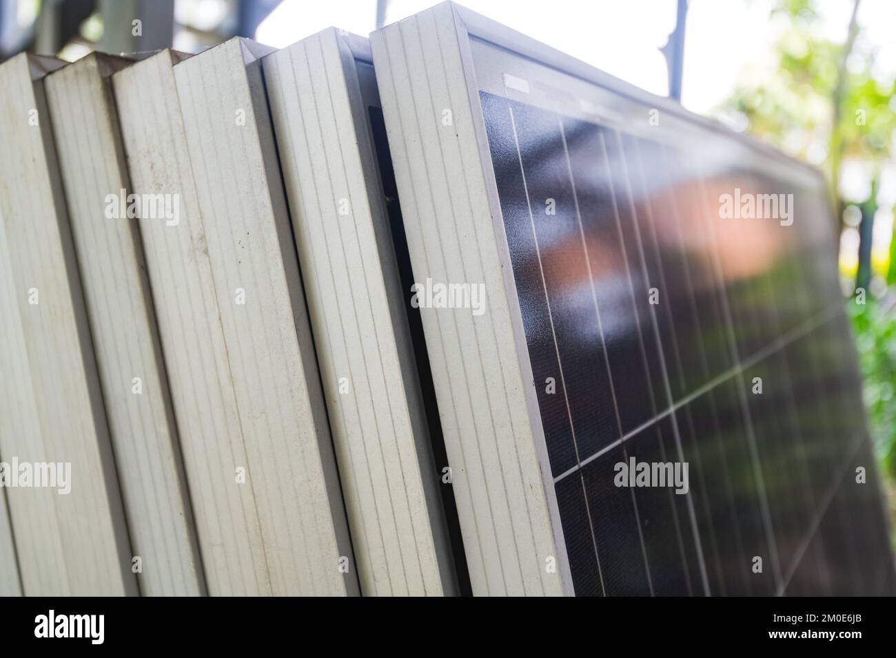 Second hand used solar panels stacked together, closeup Stock Photo Alamy