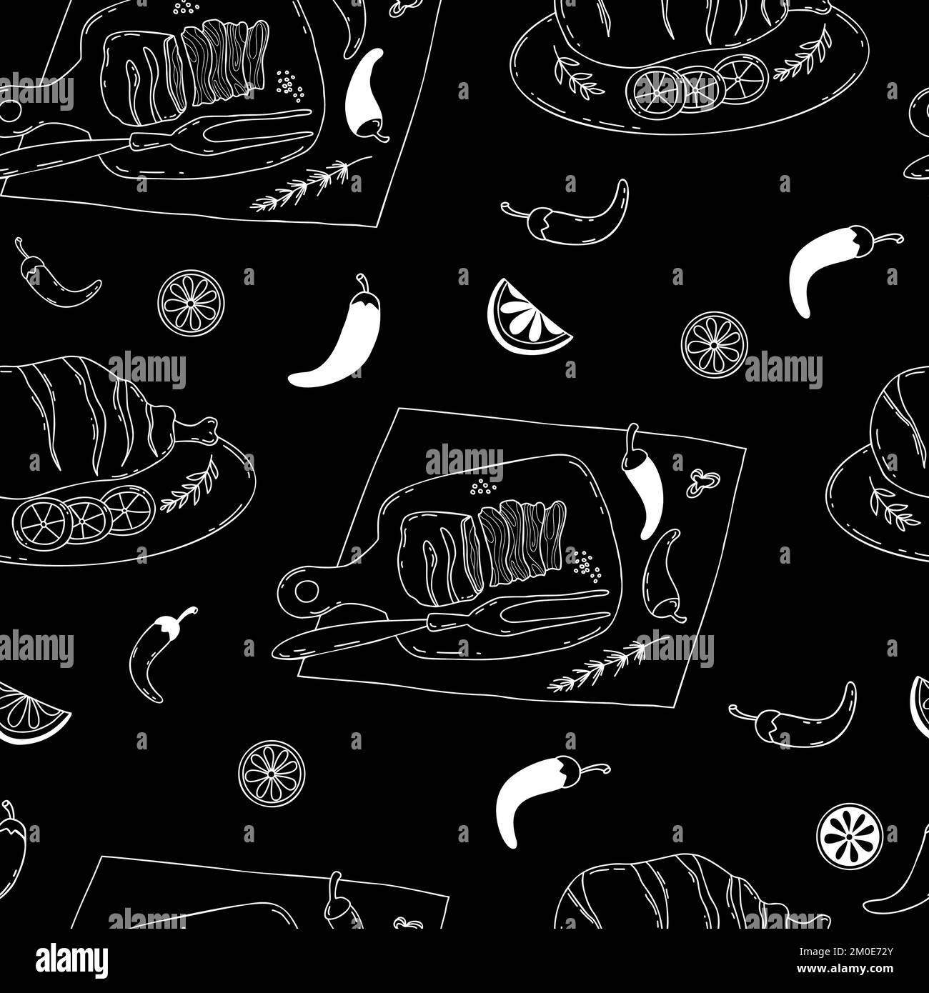 Seamless pattern with barbecue meat. Grilled beef and fried pork leg