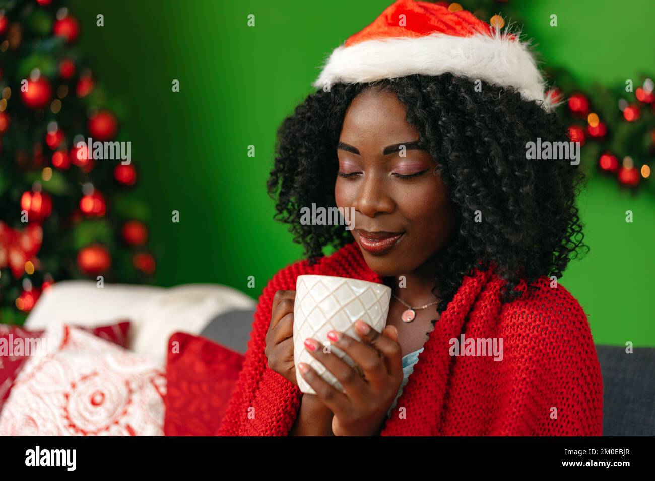 Smiling young african woman sitting on sofa in living room on Christmas ...