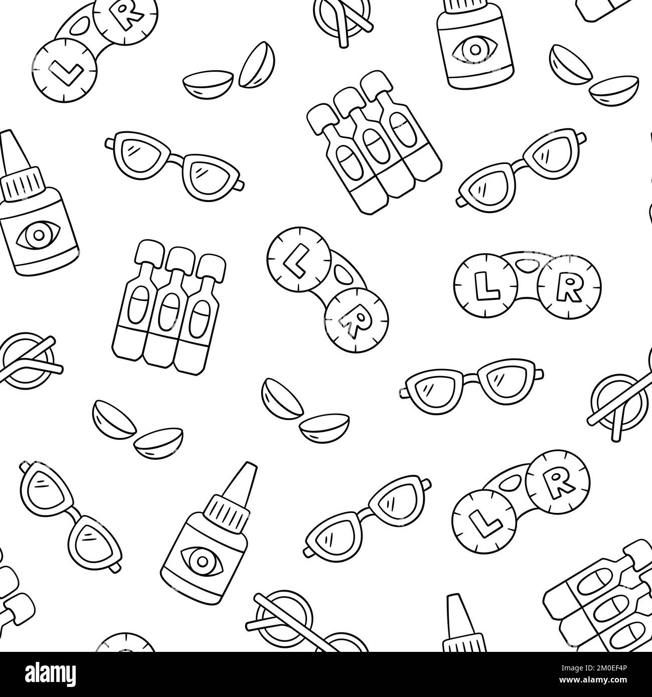 Ophthalmology, optometry hand drawn seamless pattern. Contact lenses