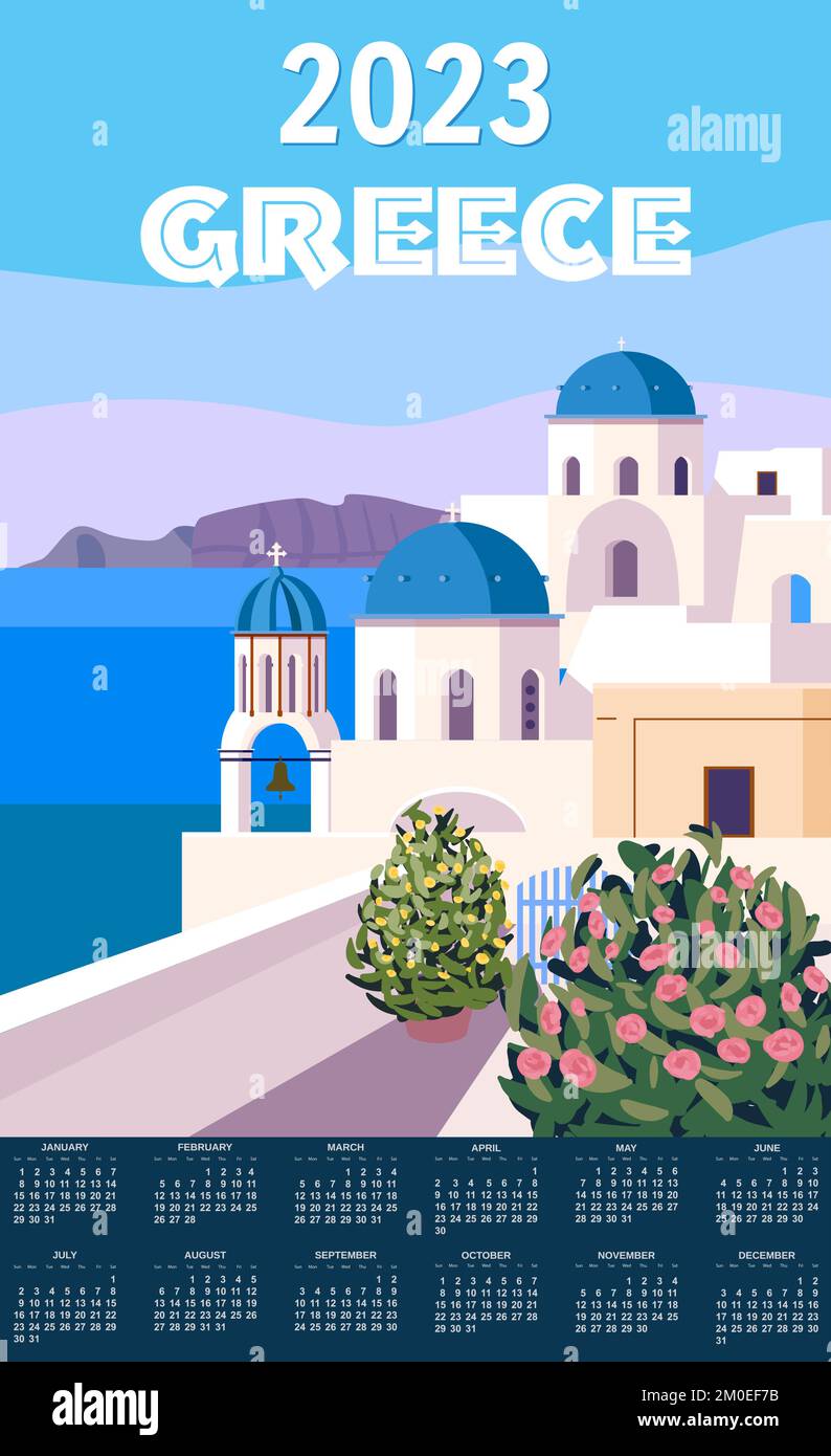 Monthly calendar 2023 year Greece Poster Travel, Greek white buildings