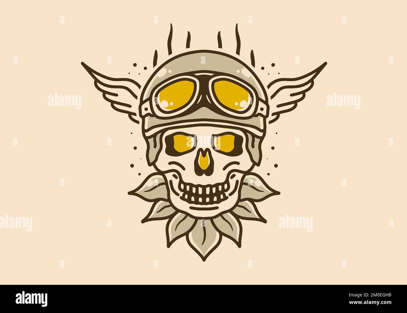 Vintage art illustration design of skull wearing a helmet and goggles with wings on the sides Stock Vector