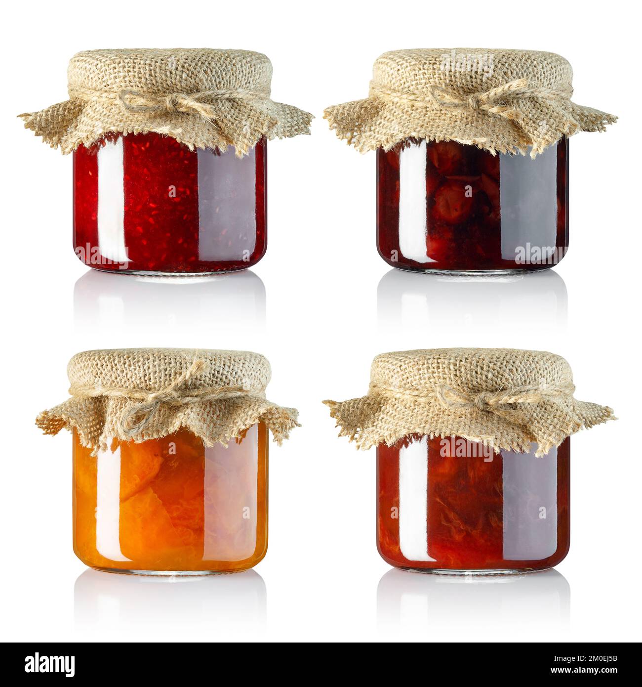 collection of fruits jam in small glass jars covered with sackcloth