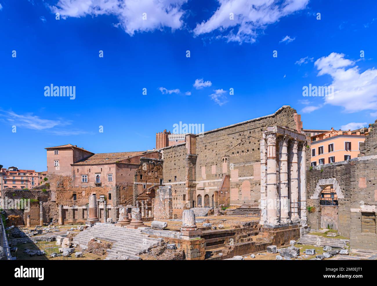 Forum of Augustus in Rome, Italy: view of the ruins of Temple of Mars Ultor (Mars the Avenger) and the wall towards the Suburra. Stock Photo