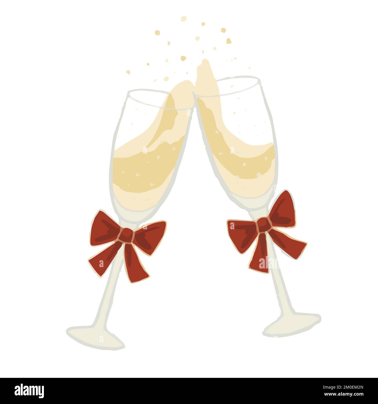 Isolated clip art illustration of two festive glass of champagne with red bow Stock Vector