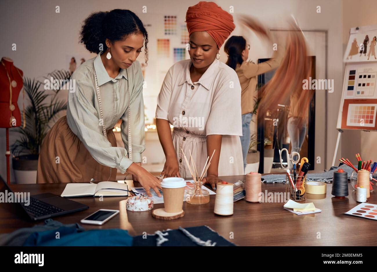 Fashion, planning and black woman teamwork, collaboration and creative