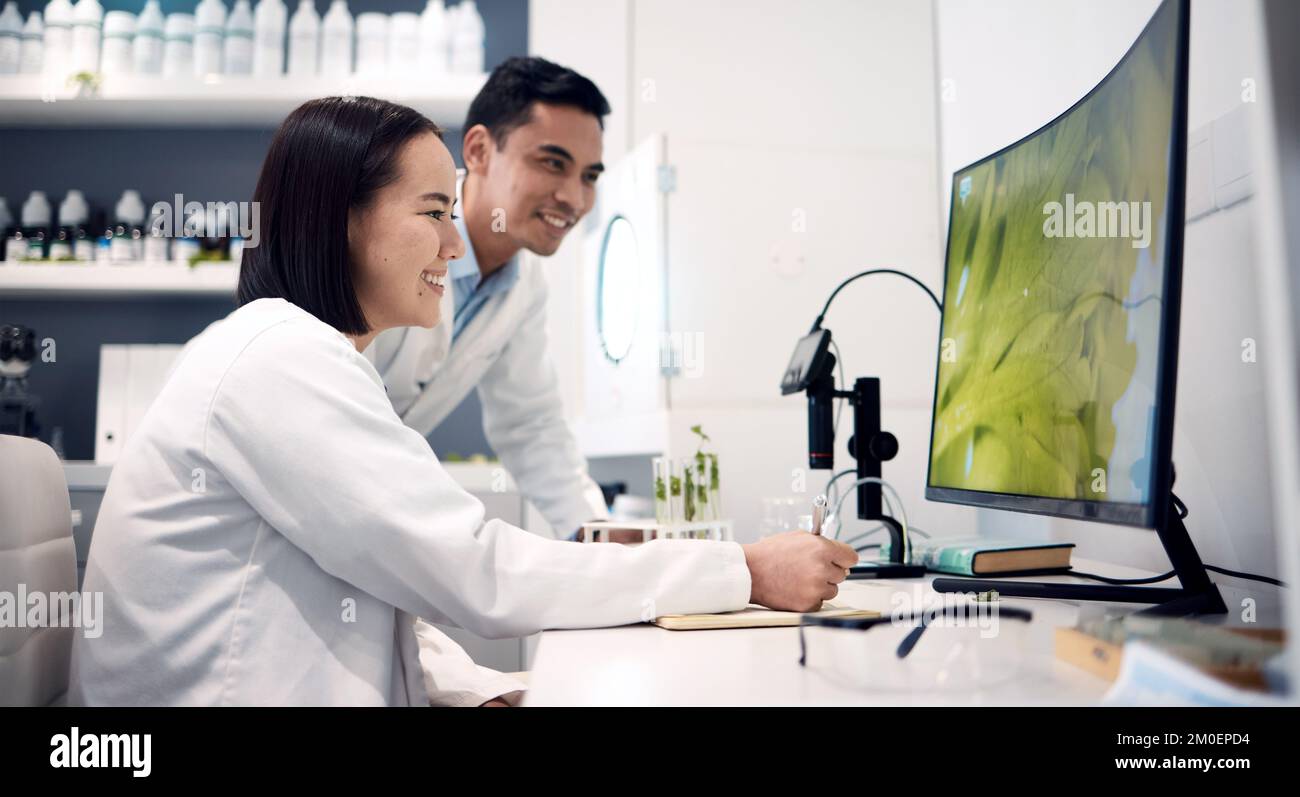 Computer, plant and science with a team planning a botanist experiment and reviewing research. Data, pc and botany expert colleagues in laboratory Stock Photo