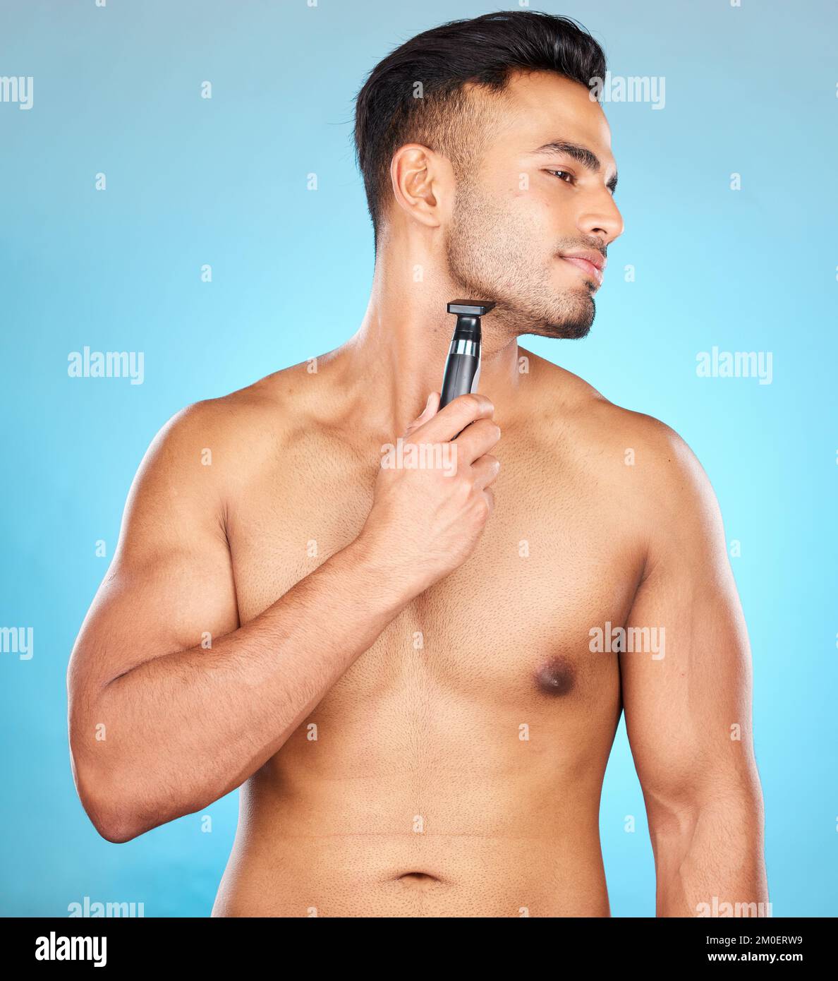 Studio, hair removal or model shaving beard or grooming his face for beauty or facial skincare