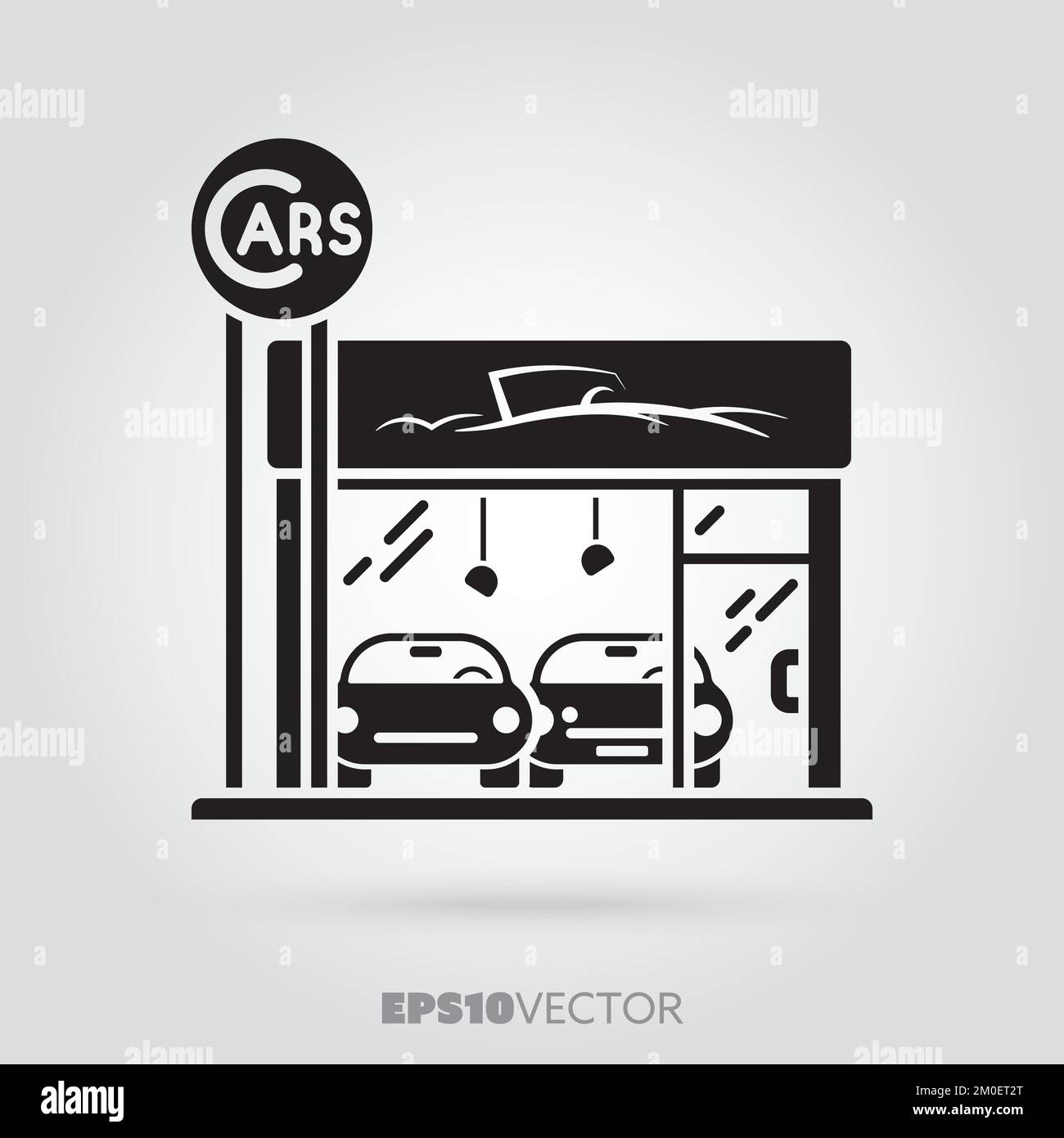 Car dealership glyph icon. Cute little automobiles storefront symbol. Solid black EPS 10 vector showroom building. Stock Vector