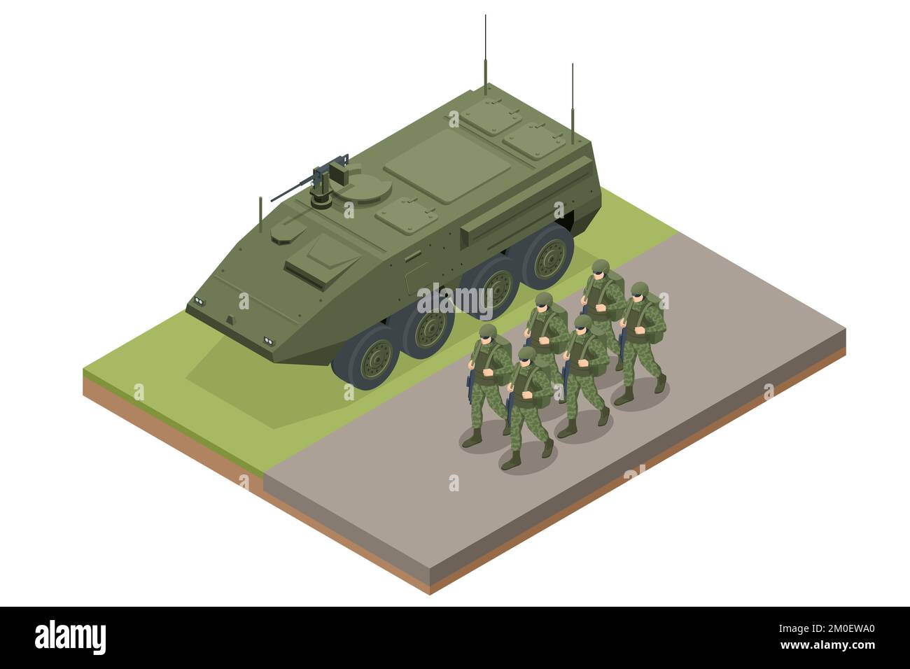 Isometric soldiers walk near an armored personnel carrier. Special force crew. Military concept for army, soldiers and war. Infantry fighting vehicle Stock Vector