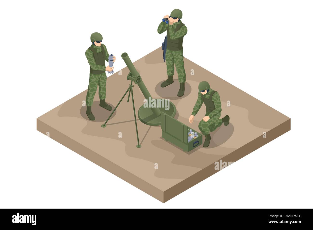 Isometric Soldiers mortar crew. Mortar gun. Special force crew. Mortar Team firing, Army Soldiers. Military concept for army, soldiers and war. Mortar Stock Vector