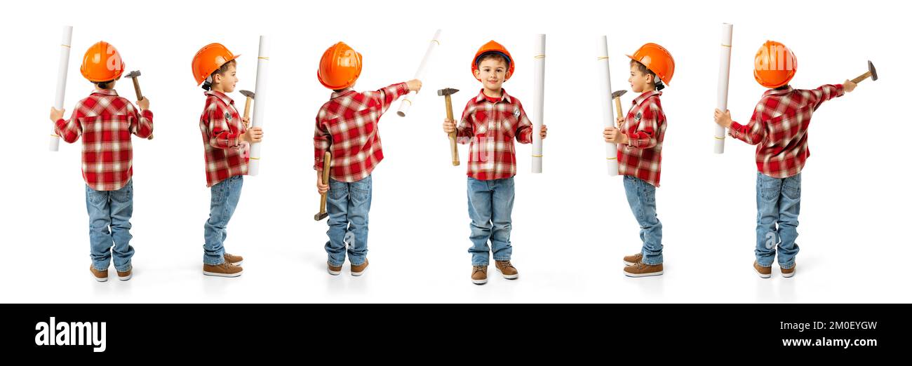 Collage. Happy little boy, kid in image of builder in orange protective helmet posing with professional tool over white background Stock Photo