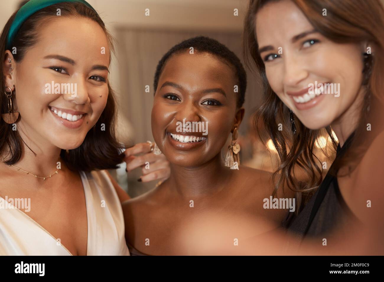 Celebration, party and selfie portrait of women at restaurant for Christmas, new years eve and festive event. Social gathering, dinner party and face Stock Photo
