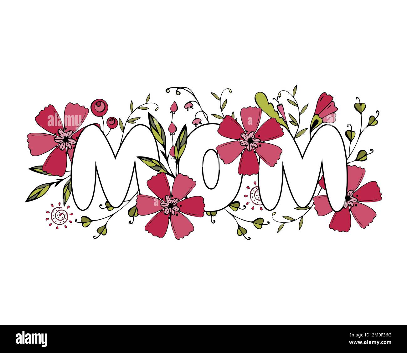 Mom Day card with doodle flowers Viva Magenta color 2023. Vector