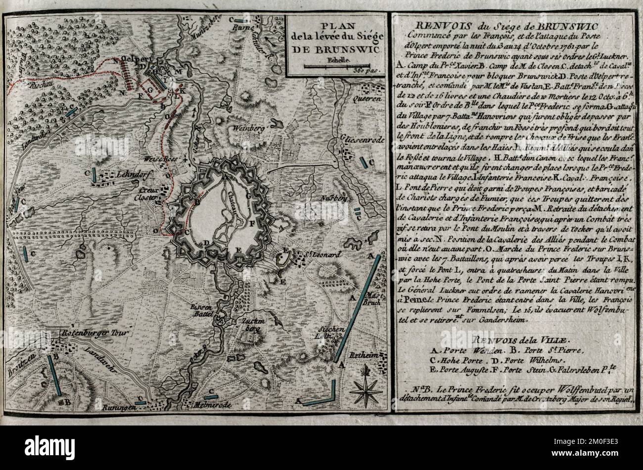 Seven Years War (1756-1763). Map of the rising of the Siege of Brunswick, 1761. Brunswick was besieged by the French after the Battle of Olper (13 October 1761) in which the Franco-Saxon army confronted Brunswick-Hanoverian force, under the command of Frederick Augustus of Braunschweig-Wolfenbüttel, Prince of Brunswick-Wolfenbuttel-Oels. The French attack, led by François-Xavier de Saxe, Count of Lusatia, was held on the night of 13-14 October 1761, being defeated by the Brunswick army of Frederick William and General Luckner. Published in 1765 by the cartographer Jean de Beaurain (1696-1771) Stock Photo