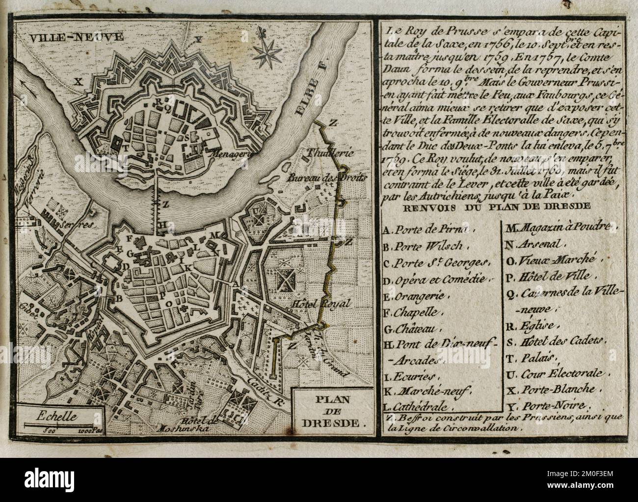 Seven Years War (1756-1763). Map of Dresden, 1760. The siege of Dresden (July 1760) took place during the Third Silesian War. Prussian army under the command of Frederick the Great unsuccessfully besieged the city. Published in 1765 by the cartographer Jean de Beaurain (1696-1771) as an illustration of his Great Map of Germany, with the events that took place during the Seven Years War. Engraving. French edition, 1765. Military Historical Library of Barcelona (Biblioteca Histórico Militar de Barcelona). Catalonia. Spain. Stock Photo