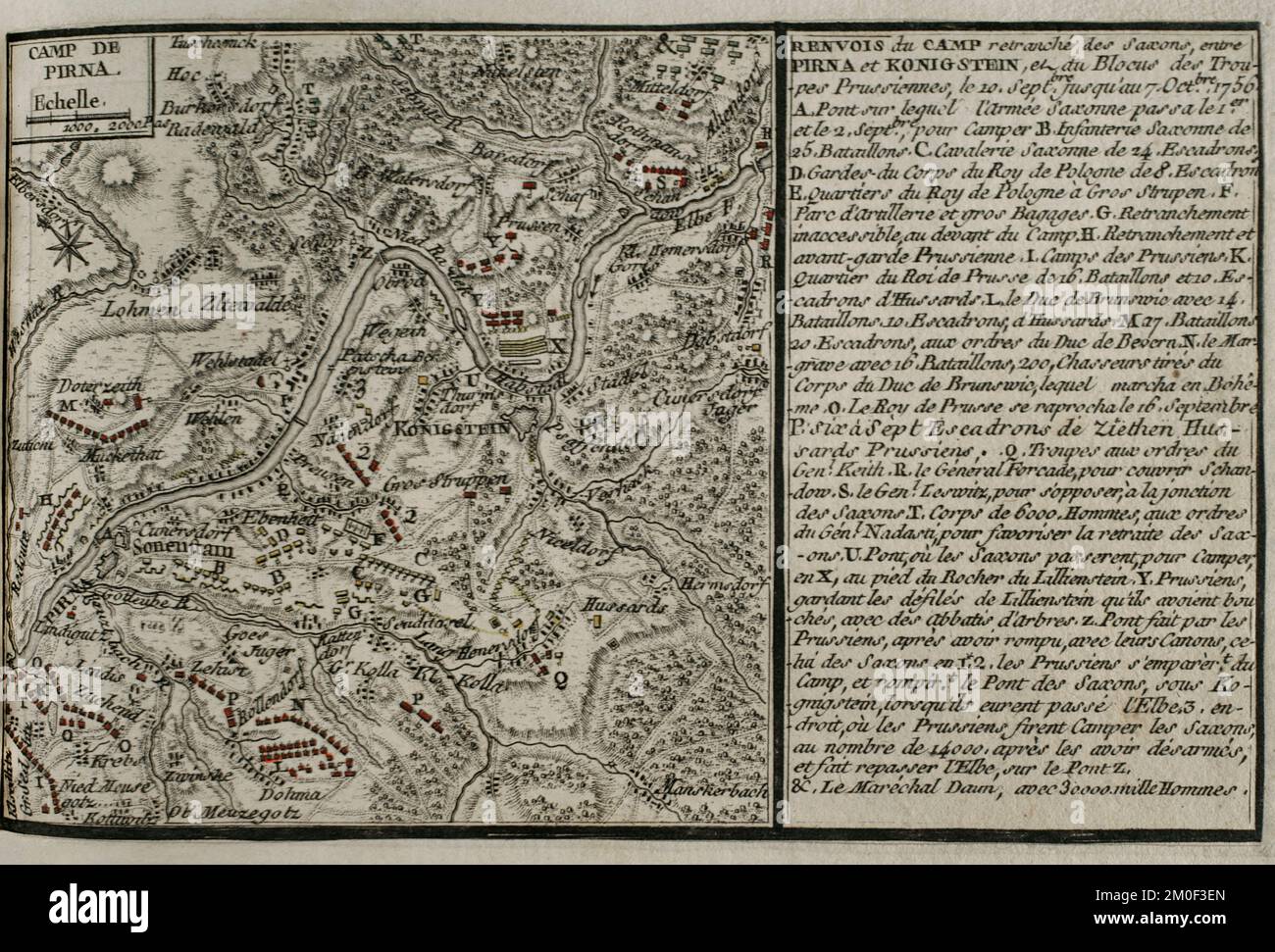 Seven Years War (1756-1763). Map of the encampment at Pirna, 1756. It depicts the bridge which the Saxon army used to cross the Elbe River at Pirna on 1st and 2nd September, and shows the positions of the forces, led by Frederick the Great (King of Prussia), the King of Poland, the Duke of Brunswick, Duke of Bevern, General Forcade, Marshal Keith, Marshal Browne and Prince Maurice, throughout the five weeks on each side of the Elbe. Published in 1765 by the cartographer Jean de Beaurain (1696-1771) as an illustration of his Great Map of Germany, with the events that took place during the Seven Stock Photo
