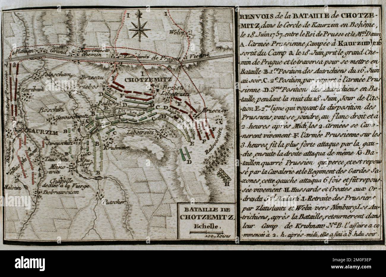 Seven Years War (1756-1763). Map of the Battle of Chotzemitz (18 June 1757). A Prussian army, commanded by Frederick the Great, fought against the Austrian army, led by Marshal Daun, resulting in an Austrian victory. Published in 1765 by the cartographer Jean de Beaurain (1696-1771) as an illustration of his Great Map of Germany, with the events that took place during the Seven Years War. Etching and engraving. French edition, 1765. Military Historical Library of Barcelona (Biblioteca Histórico Militar de Barcelona). Catalonia. Spain. Stock Photo