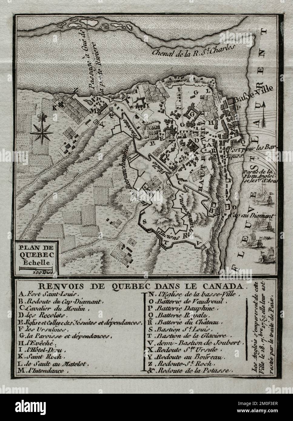 Seven Years War (1756-1763). Map of Quebec, 1759. Canada. French Colony of the Viceroyalty of New France. On September 18, 1759, the British captured the city. Published in 1765 by the cartographer Jean de Beaurain (1696-1771) as an illustration of his Great Map of Germany, with the events that took place during the Seven Years War. Engraving. French edition, 1765. Military Historical Library of Barcelona (Biblioteca Histórico Militar de Barcelona). Catalonia. Spain. Stock Photo