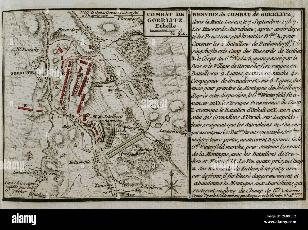 Seven Years War (1756-1763). Map of the Combat of Görlitz (September 7, 1757). Episode that took place during the Battle of Moys, as part of the Third Silesian War. A Prussian army, commanded by Hans Karl Von Winterfeldt, was defeated by Austrian forces led by Marshal Daun. The entire Prussian corps surrendered to the Austrians. Published in 1765 by the cartographer Jean de Beaurain (1696-1771) as an illustration of his Great Map of Germany, with the events that took place during the Seven Years War. Etching and engraving. French edition, 1765. Military Historical Library of Barcelona (Bibliot Stock Photo