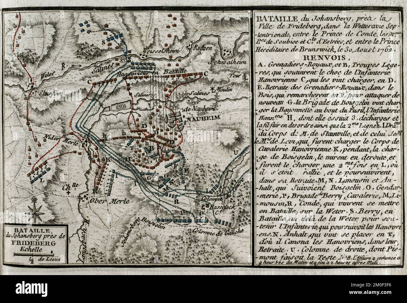 Seven Years War (1756-1763). Map of the Battle of Johannisberg, 1762 (August 30, 1762). French forces led by Louis Joseph, Prince of Conde, defeated Hanoverian and British army under the command of Duke Ferdinand of Brunswick. Published in 1765 by the cartographer Jean de Beaurain (1696-1771) as an illustration of his Great Map of Germany, with the events that took place during the Seven Years War. Allied army in red and the French army in blue. Etching and engraving. French edition, 1765. Military Historical Library of Barcelona (Biblioteca Histórico Militar de Barcelona). Catalonia. Spain. Stock Photo