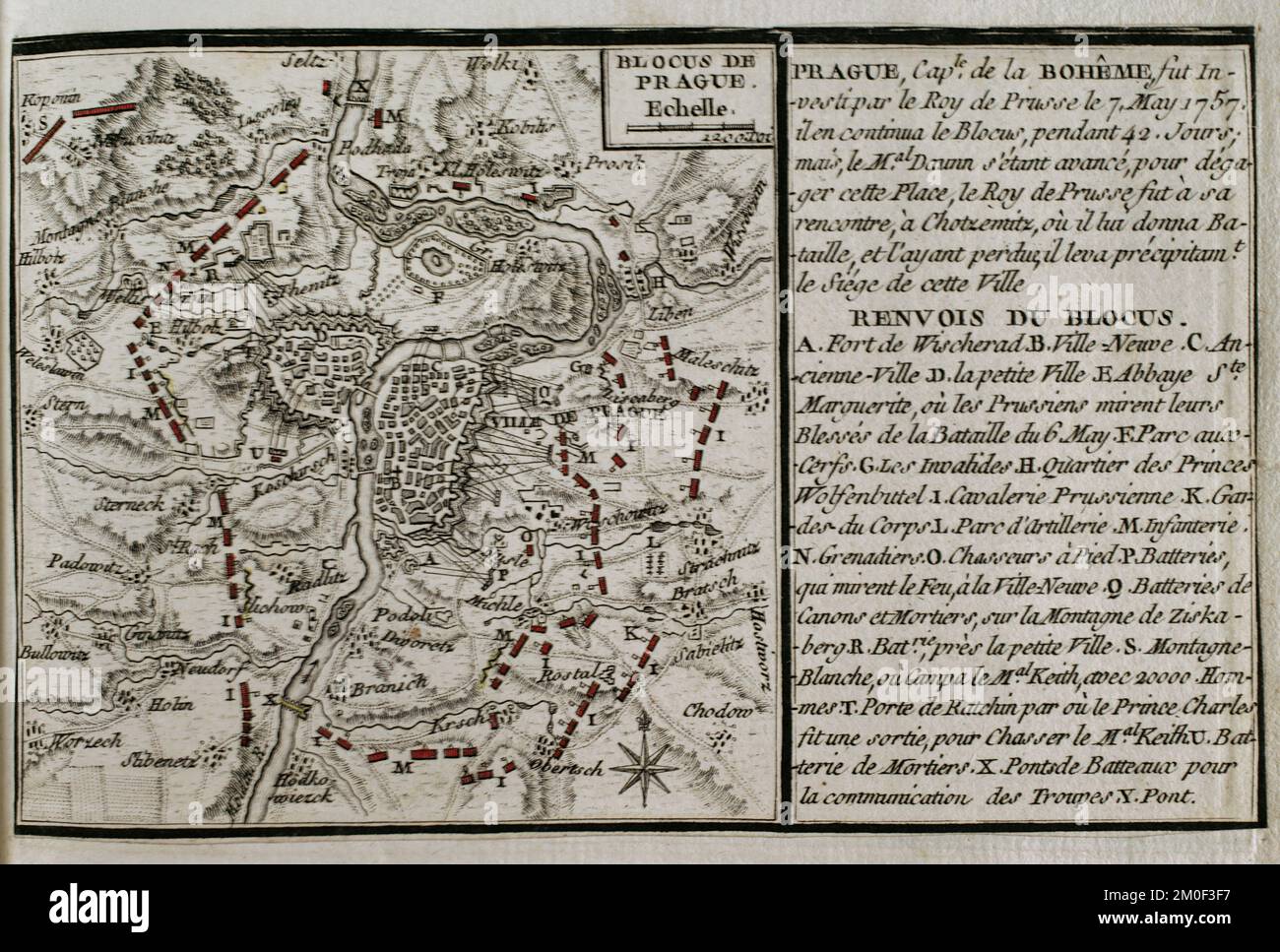 Seven Years War (1756-1763). Map of the blockade of Prussian troops at Prague, 1757. Besieged by the Prussian King Frederick the Great from 7th May 1757. The blockade continued for 42 days. In the meantime, an Austrian army under the command of Marshal Daun marched to the aid of the besieged. Frederick the Great decided to mobilise the Duke of Bevern's army to cut off Daun's army. On 8 June, Kaunitz ordered Daun to start the operation to liberate Prague, and the troops began their advance on 12 June. Published in 1765 by the cartographer Jean de Beaurain (1696-1771) as an illustration of his G Stock Photo
