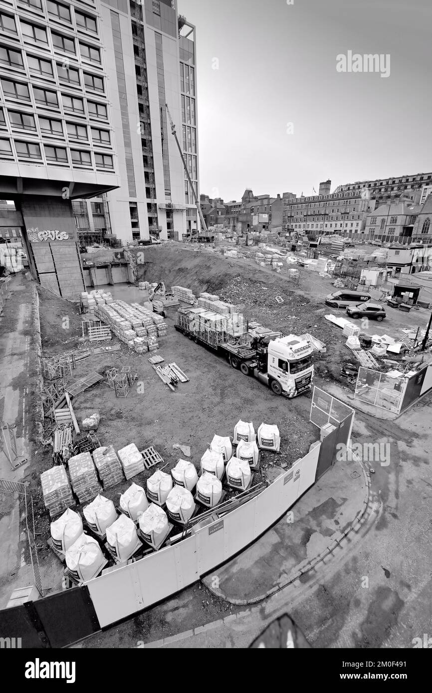 Lorries and construction work in Newcastle city centre near Swan House just off the Tyne bridge