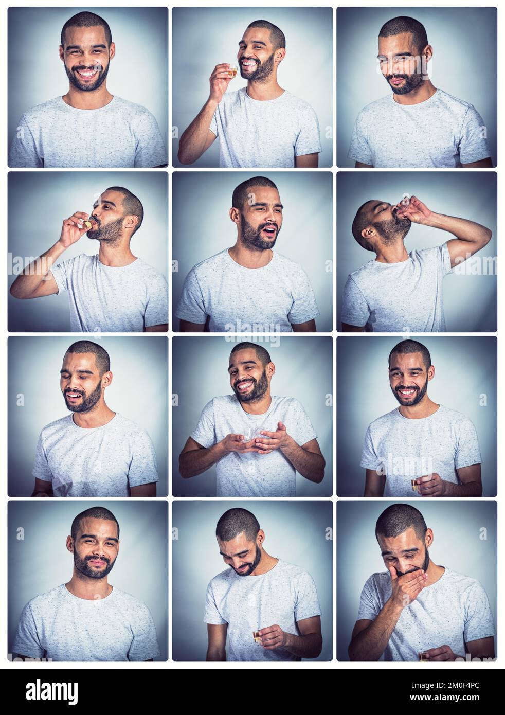 Collage, drunk man and drinking alcohol at party for new years, birthday or Christmas celebration with funny photobooth portrait. Funny male with Stock Photo