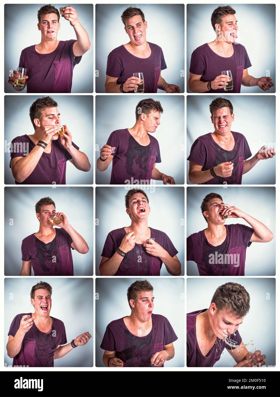 Collage, drunk and man vomit from alcohol drink, shots and hangover while sick, tired and with nausea at party for celebration, new years and birthday Stock Photo