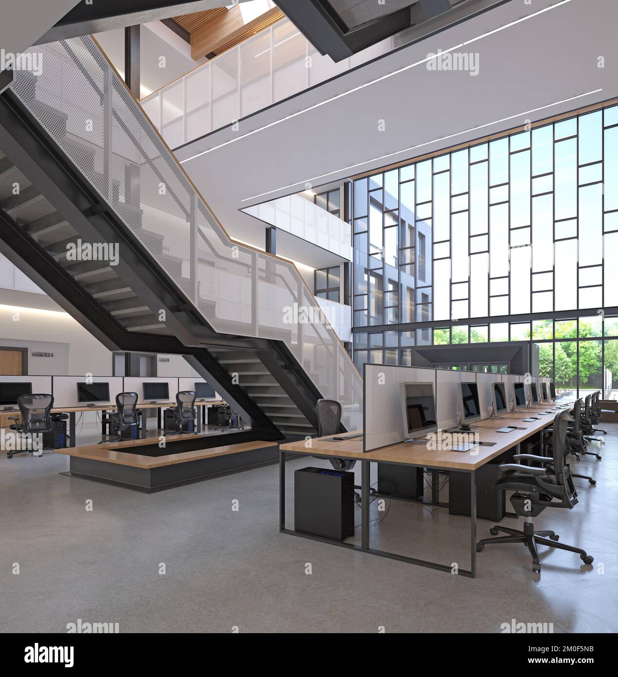 Modern office with open space and large windows. 3D Render Stock Photo ...